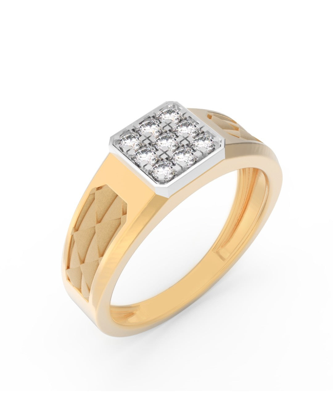A yellow gold signet ring with a square-shaped diamond cluster setting, shown on a clean white background.