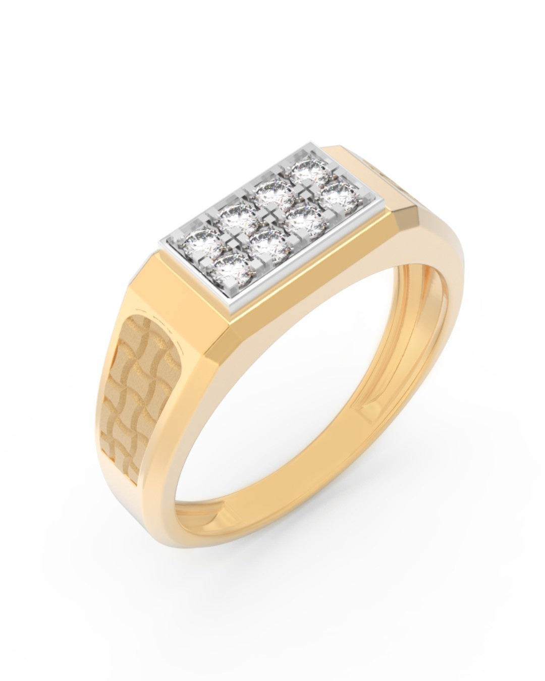 Yellow gold ring with diamond accents on a white background