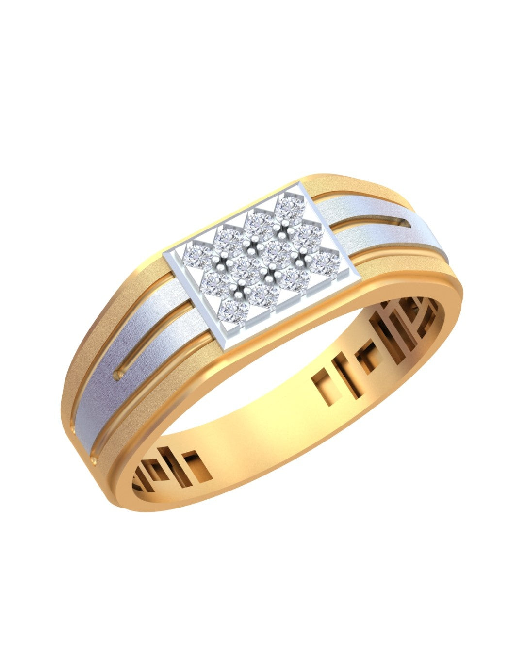 A yellow gold and diamond ring featuring a square cluster, set against a plain white background.