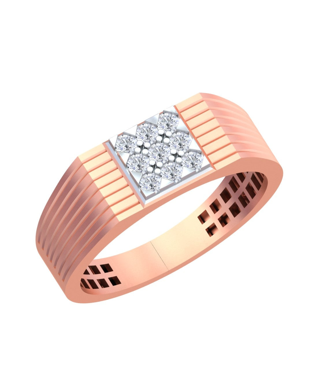 Rose gold and diamond band ring for men featuring a gold band with sparkling diamond accents.