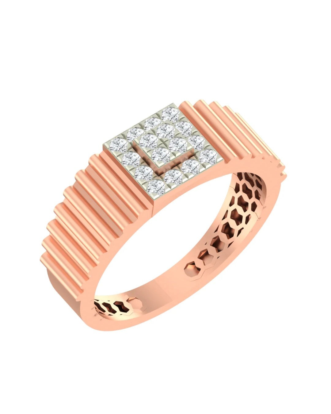 A rose gold ring with a square diamond cluster setting, set against a plain white background.