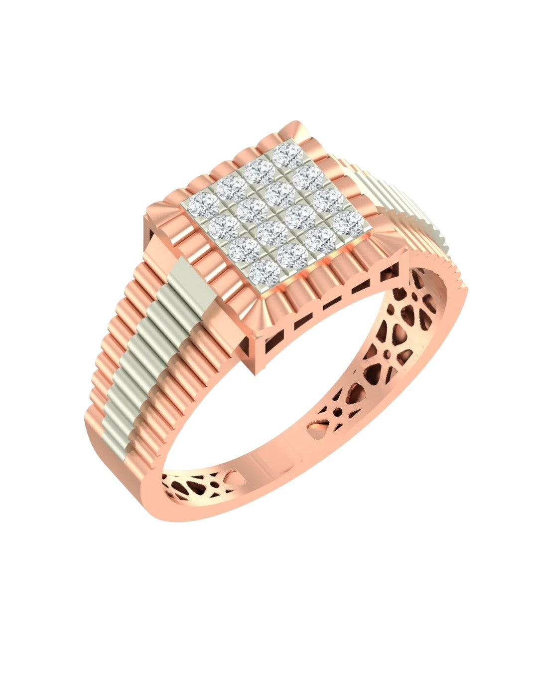 A rose gold and diamond ring featuring a square diamond cluster on the face, set on a white background.