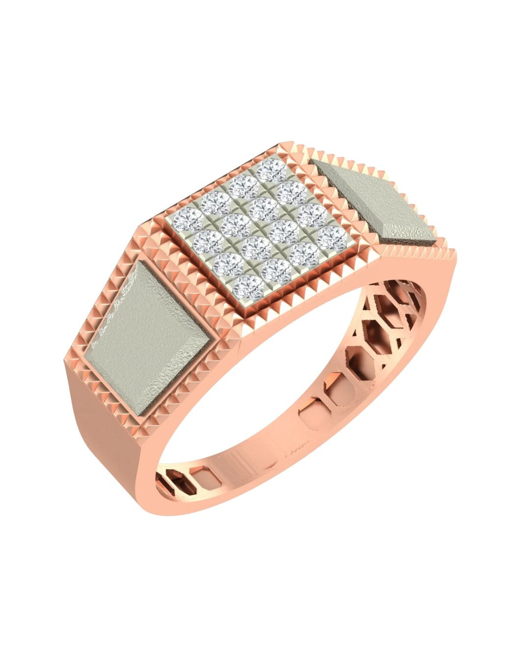 A rose gold signet-style ring with a square center panel set, shown on a plain white background.