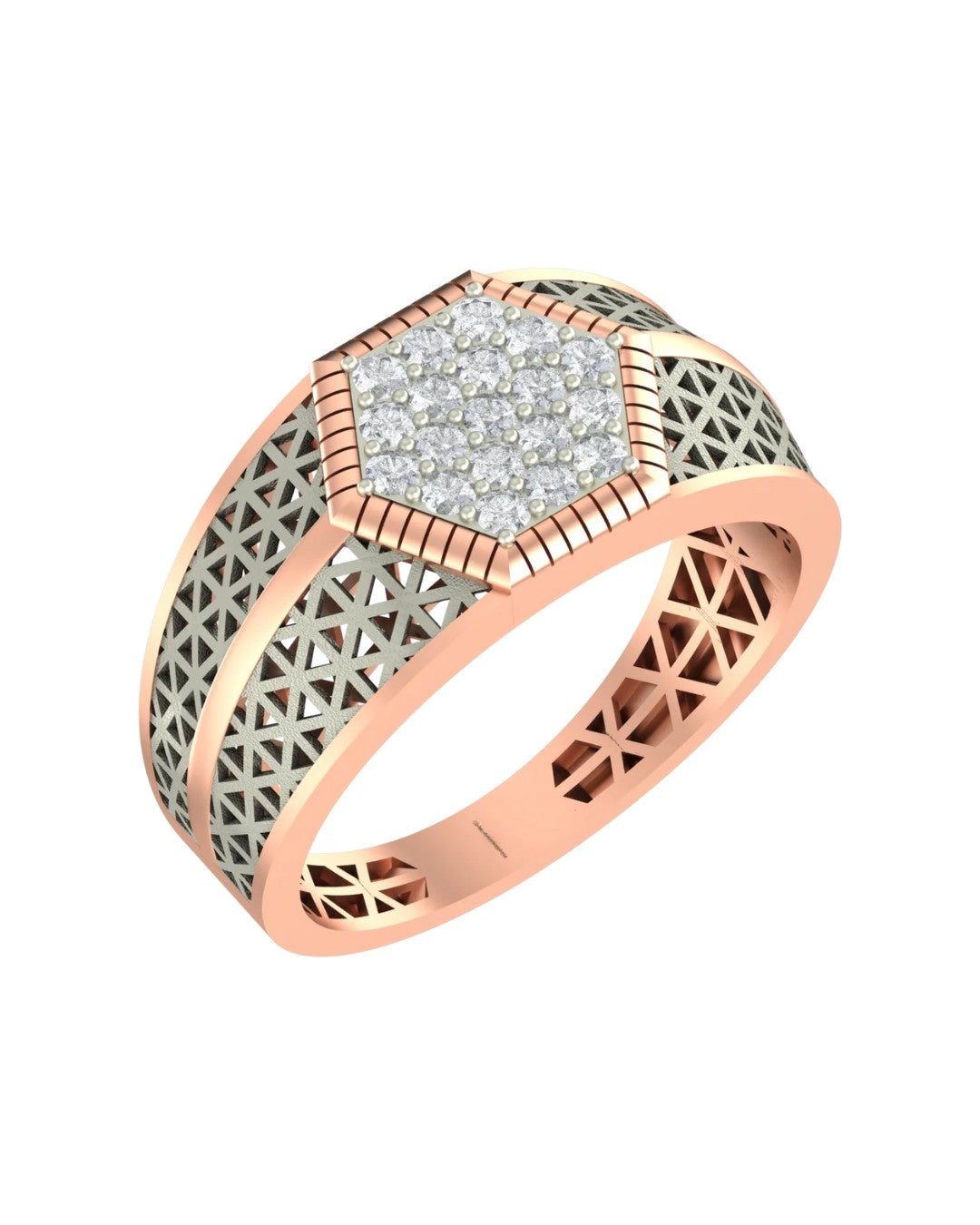 A men's geometric ring featuring a hexagonal pavé diamond center with a rose gold and diamond, shown on a plain white background.