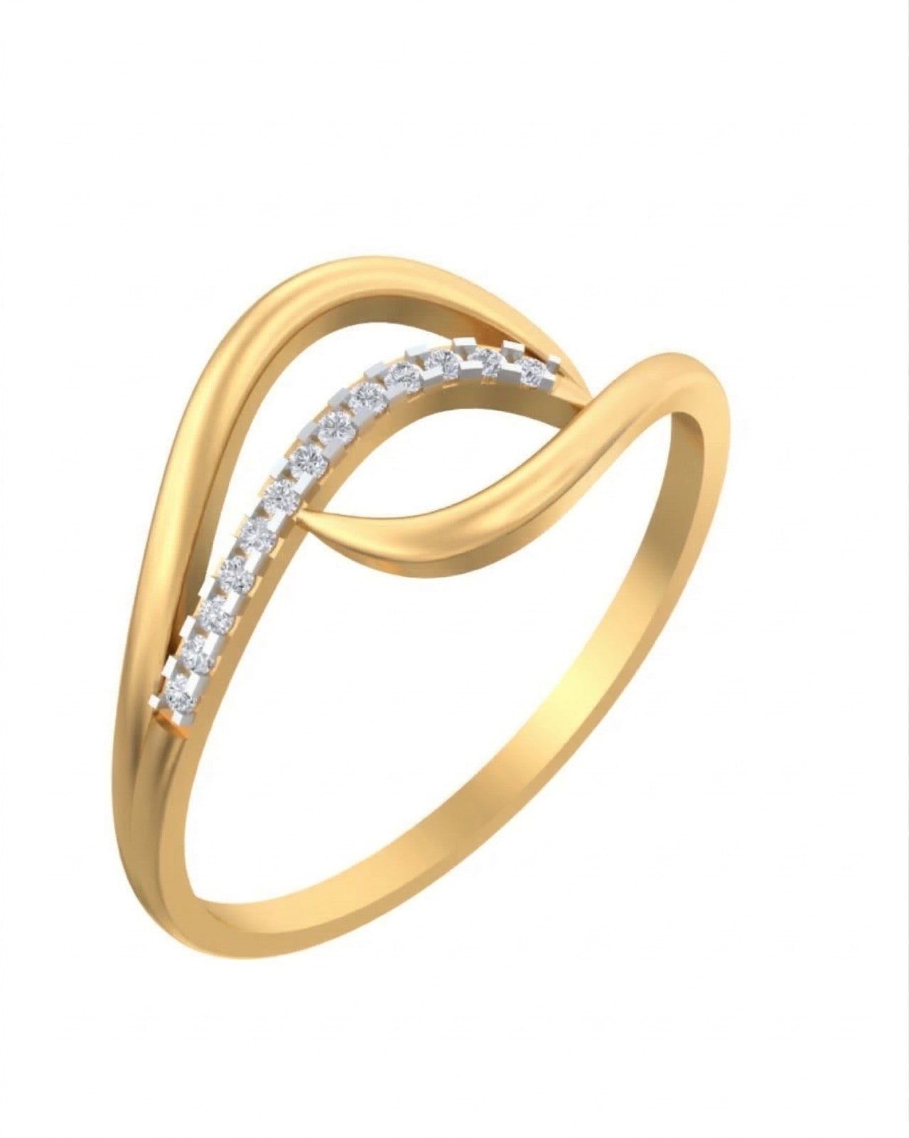 Yellow gold ring with diamond accents on a white background.