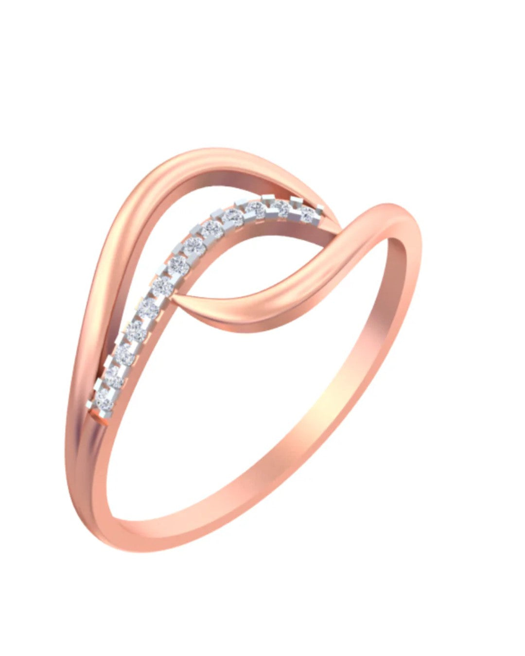 Rose gold ring with diamond accents on a white background.