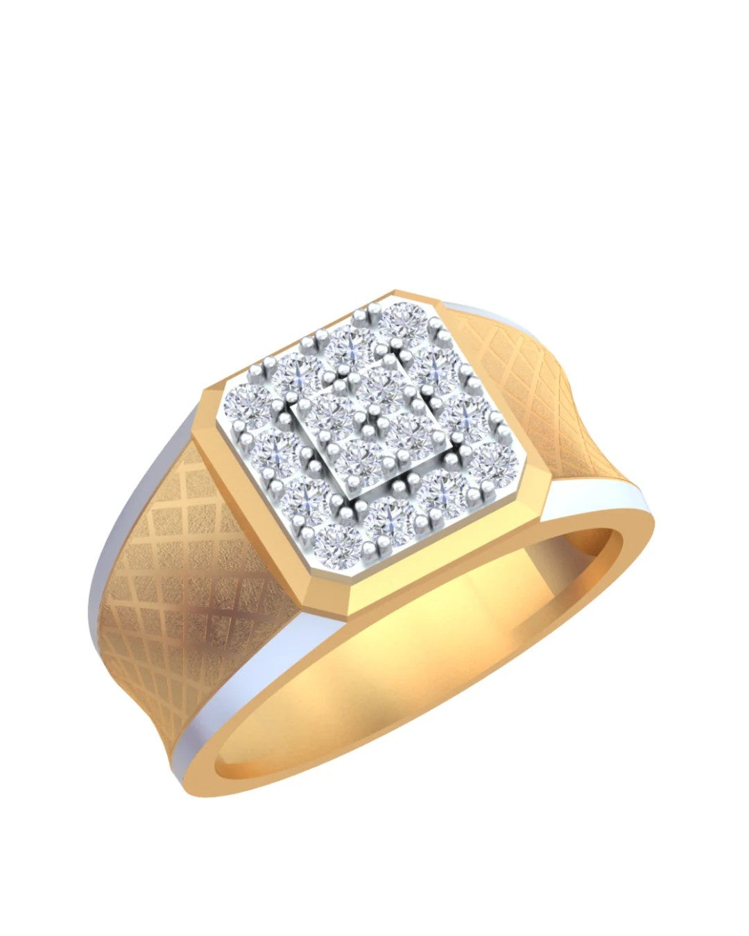 A yellow gold ring with a square diamond cluster setting, featuring a textured gold band, shown on a plain white background.