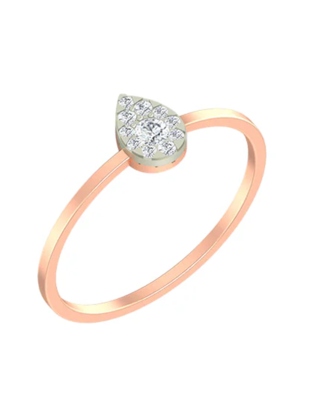 Rose gold ring with a teardrop-shaped diamond on a white background
