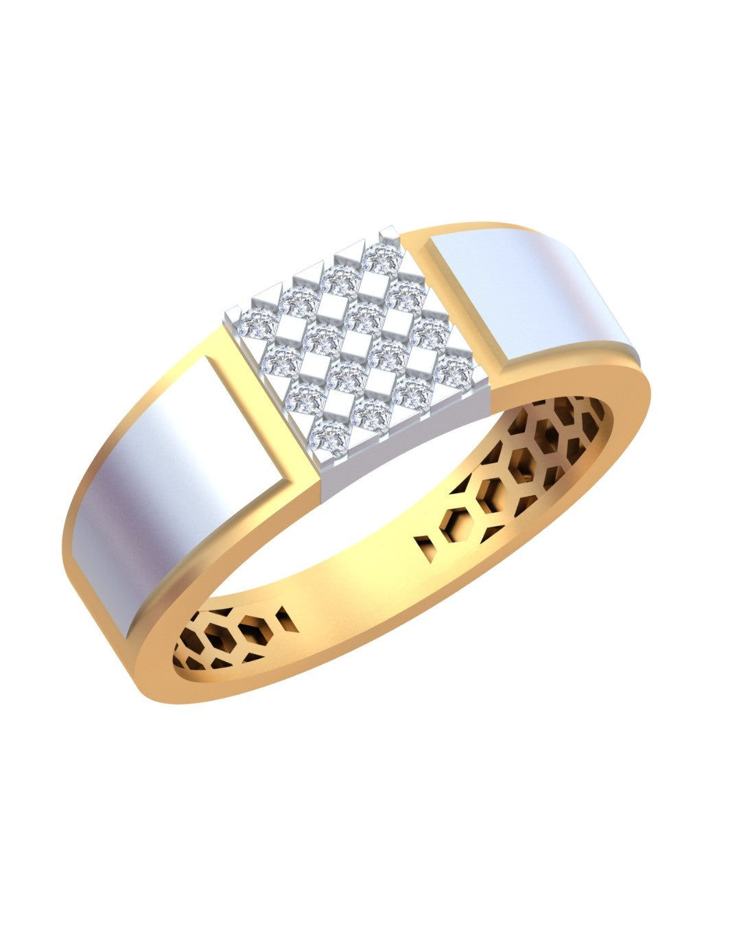 A yellow gold and diamond ring with a central diamond cluster, shown on a plain white background.