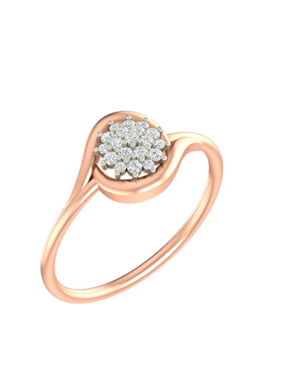 Rose gold ring with diamond cluster on a white background