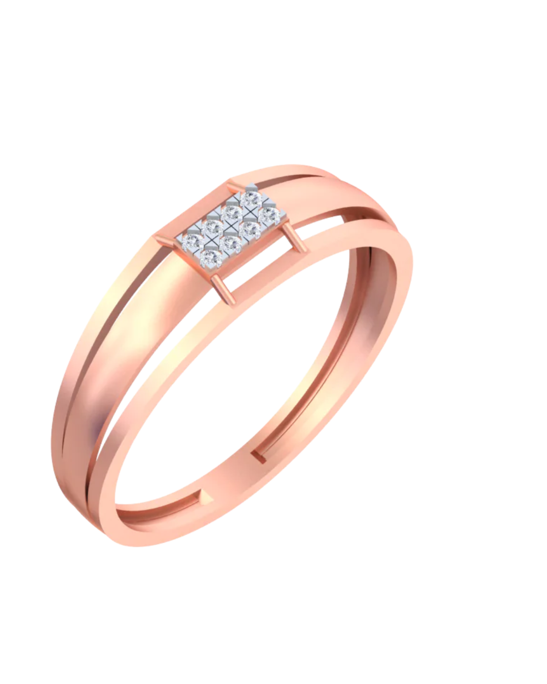 Rose gold ring with diamond accents on a white background