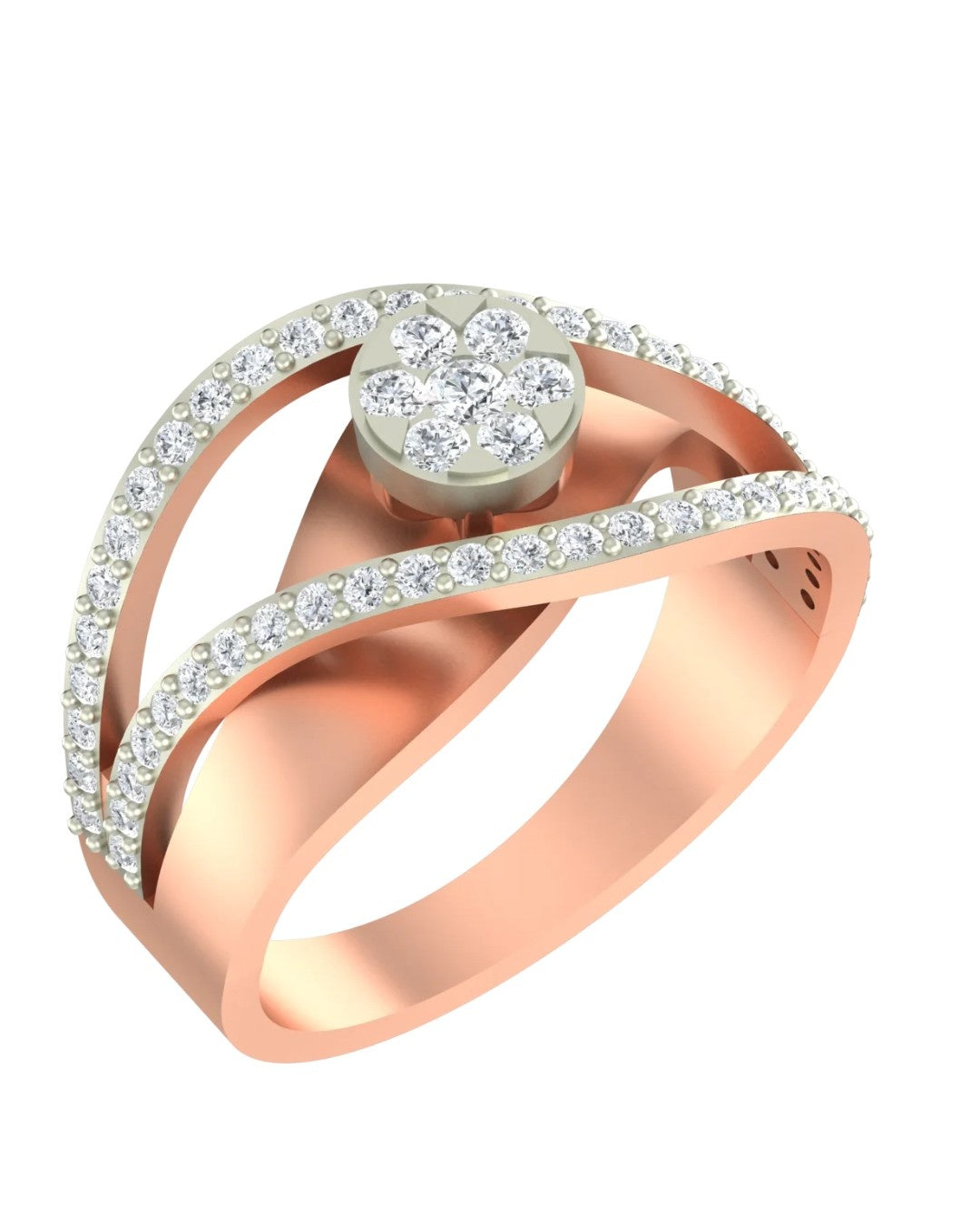 Rose gold ring with diamond accents on a white background.