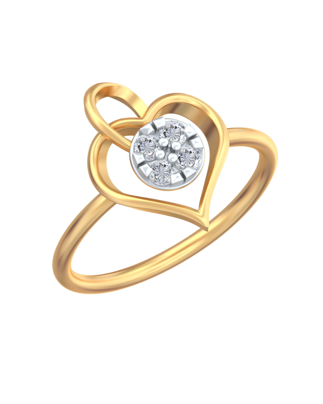 Yellow gold heart-shaped ring with a diamond center on a white background