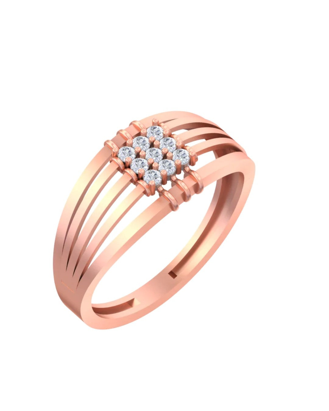 A rose gold ring with a band design and a central cluster, shown on a plain white background.