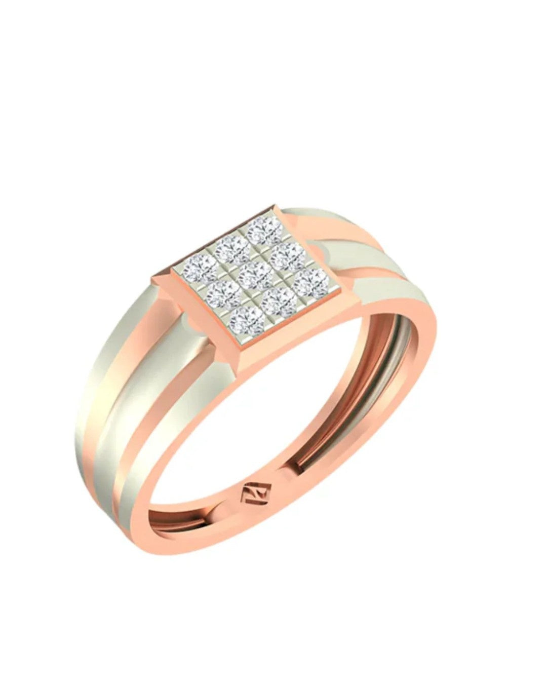 A rose gold and diamond ring featuring a square diamond cluster on the top, set against a plain white background.