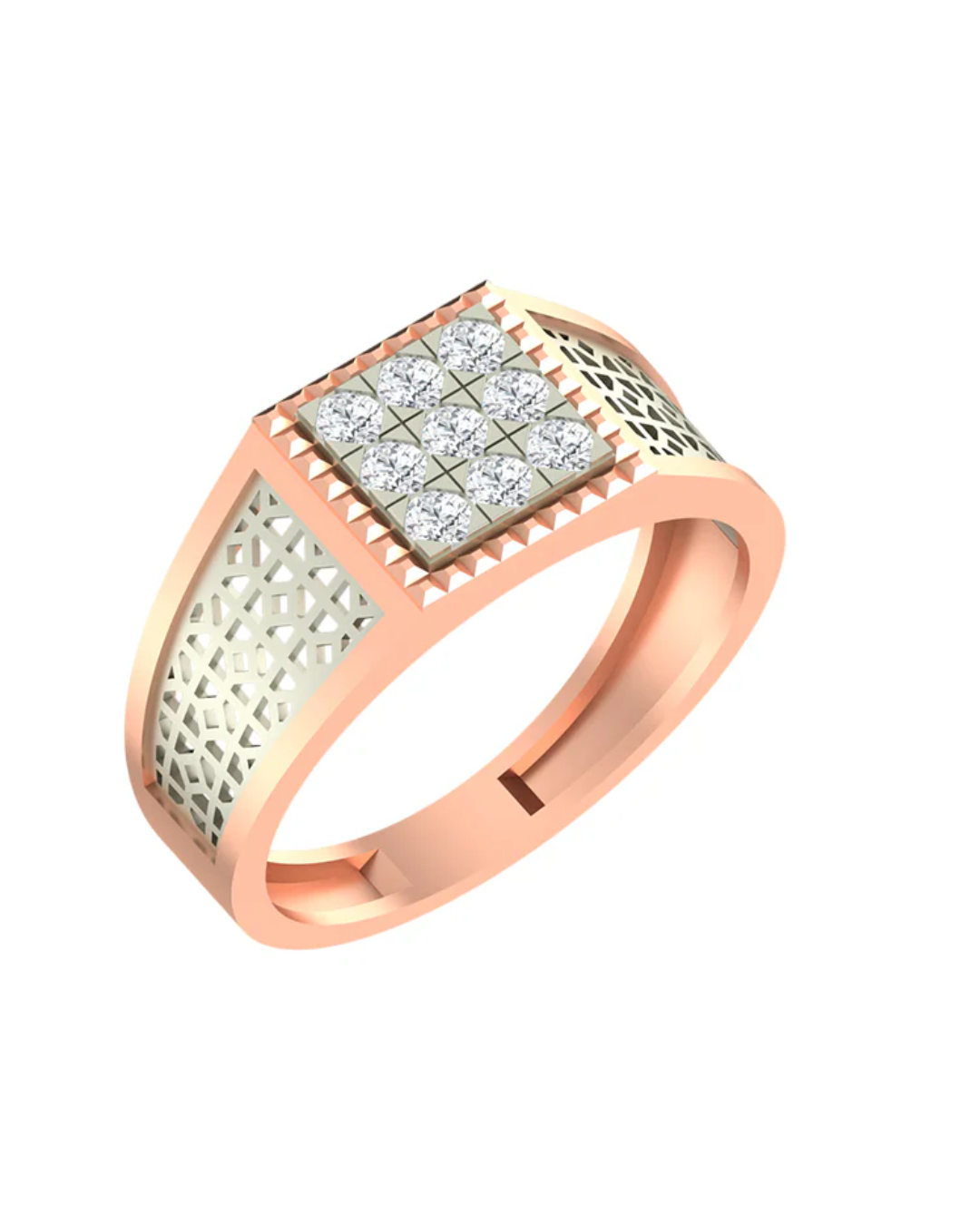Rose gold ring with diamond accents on a white background