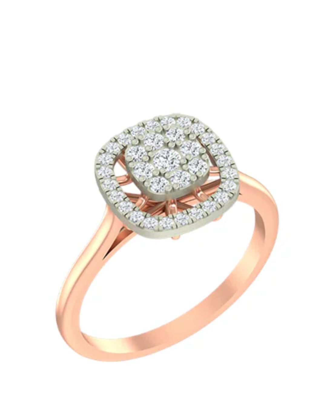 Rose gold ring with diamond accents on a white background