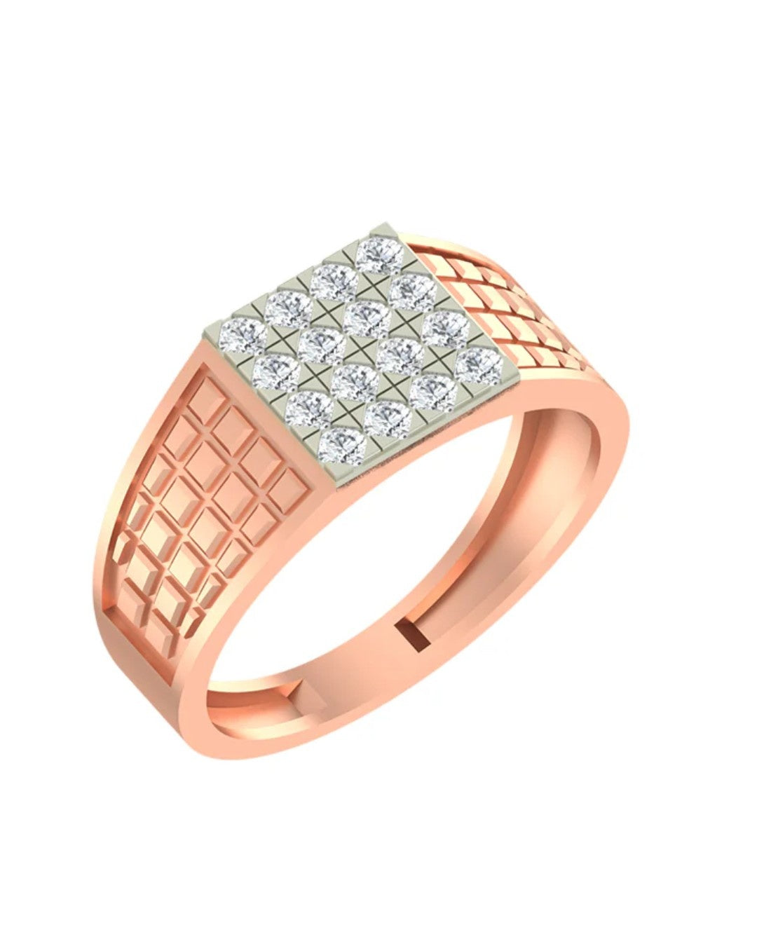 Rose gold ring with diamond square  cluster center on a white background