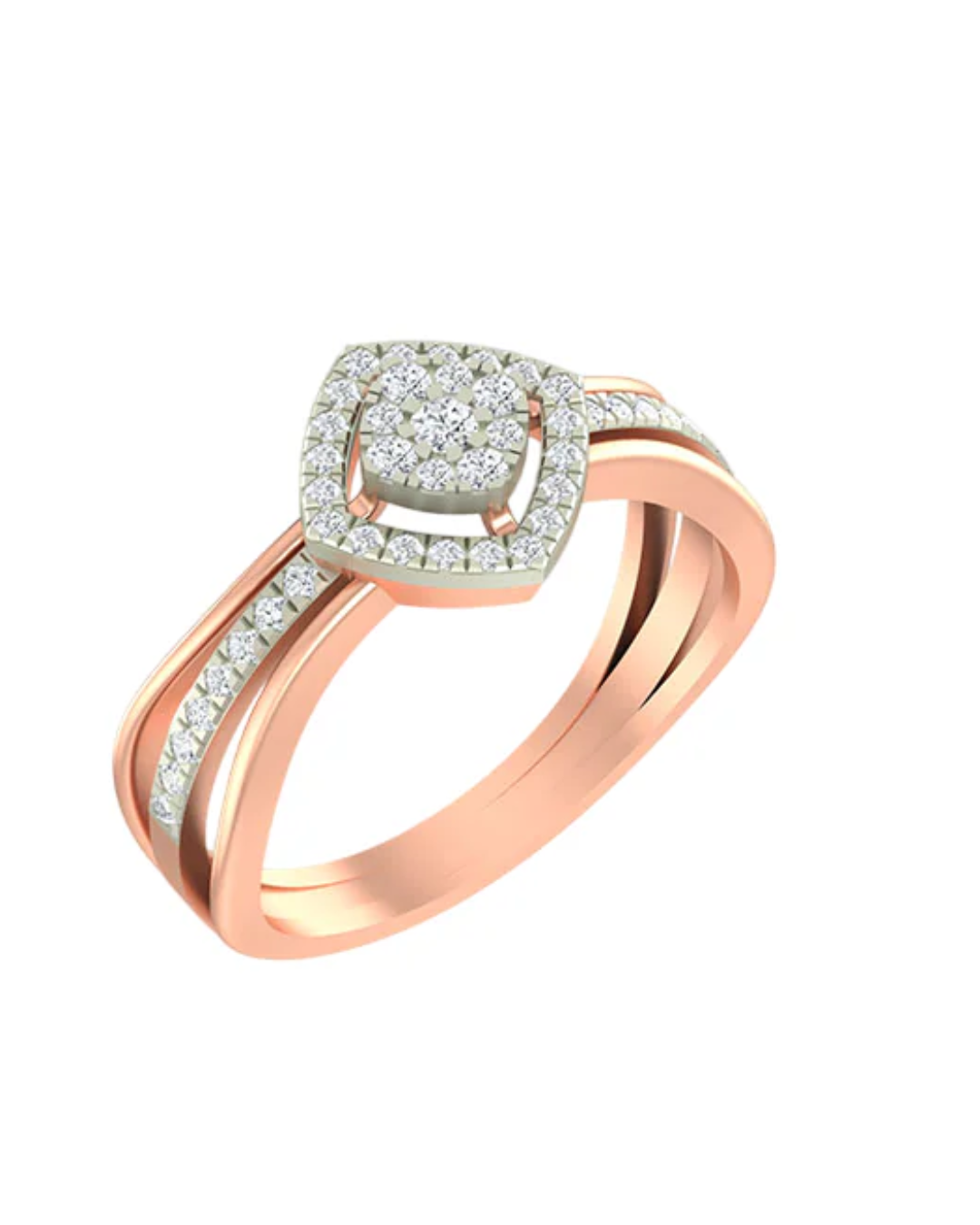 Rose gold ring with diamond accents on a white background