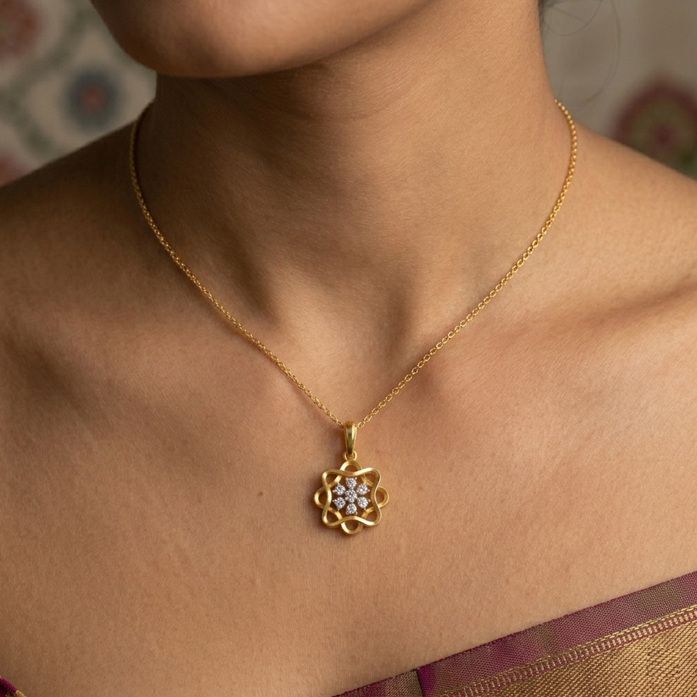 Gold & Diamond Floral Pendant Set KRC40694