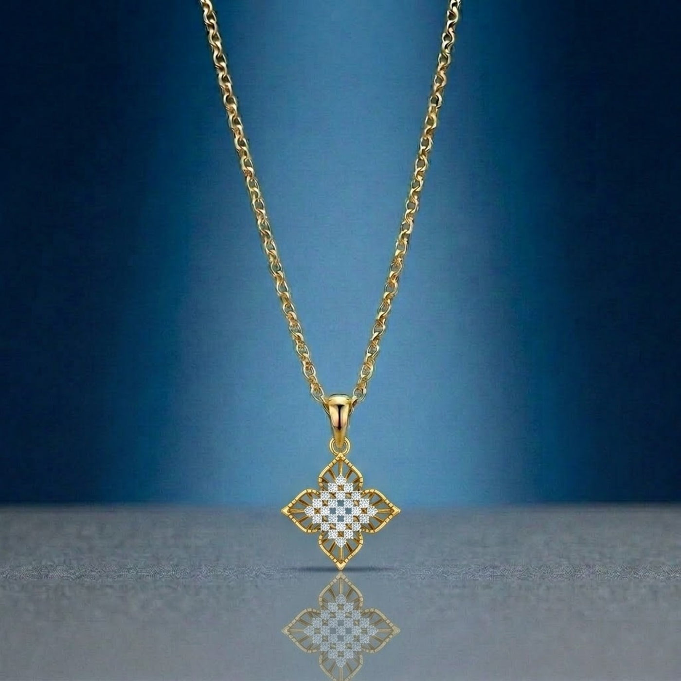 Yellow gold and diamond floral pendant on blue gradient background