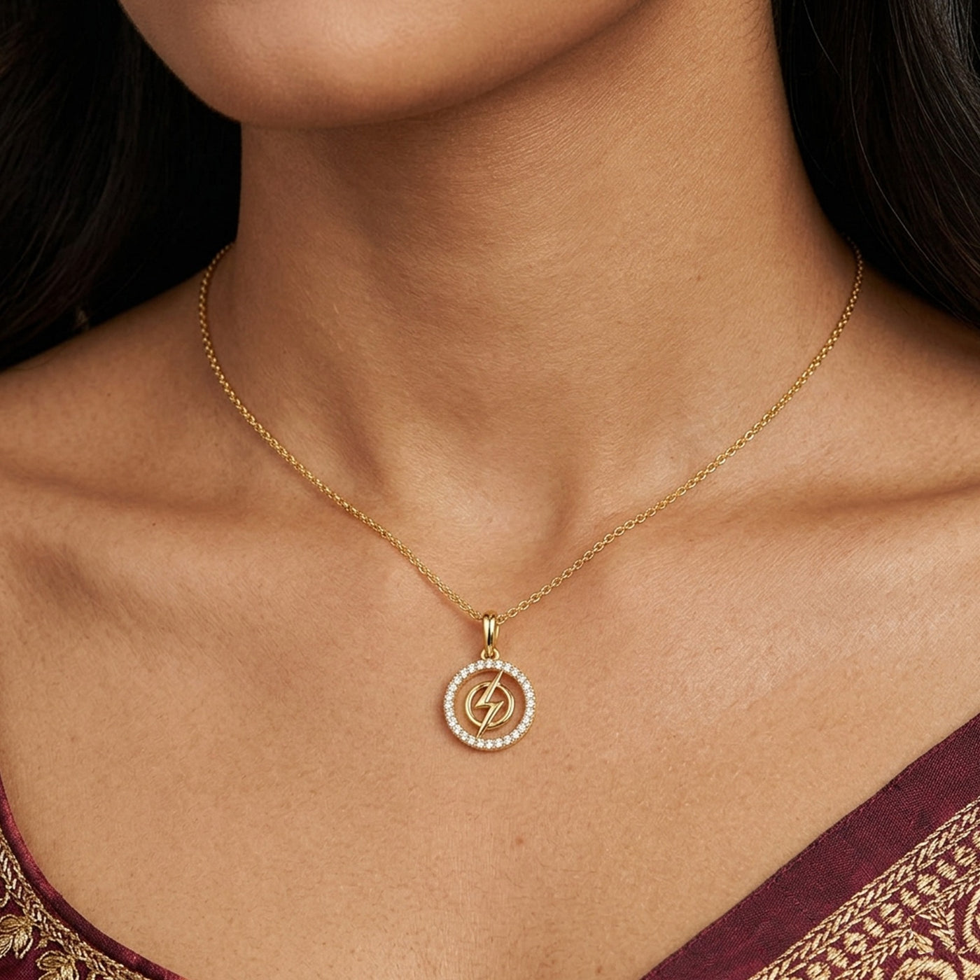 Yellow gold and diamond pendant on neck