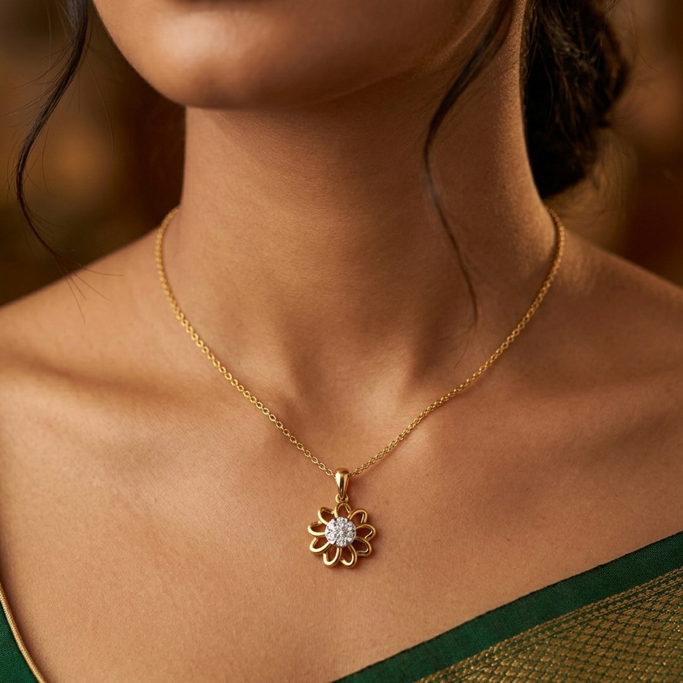 Yellow gold and diamond pendant on women neck