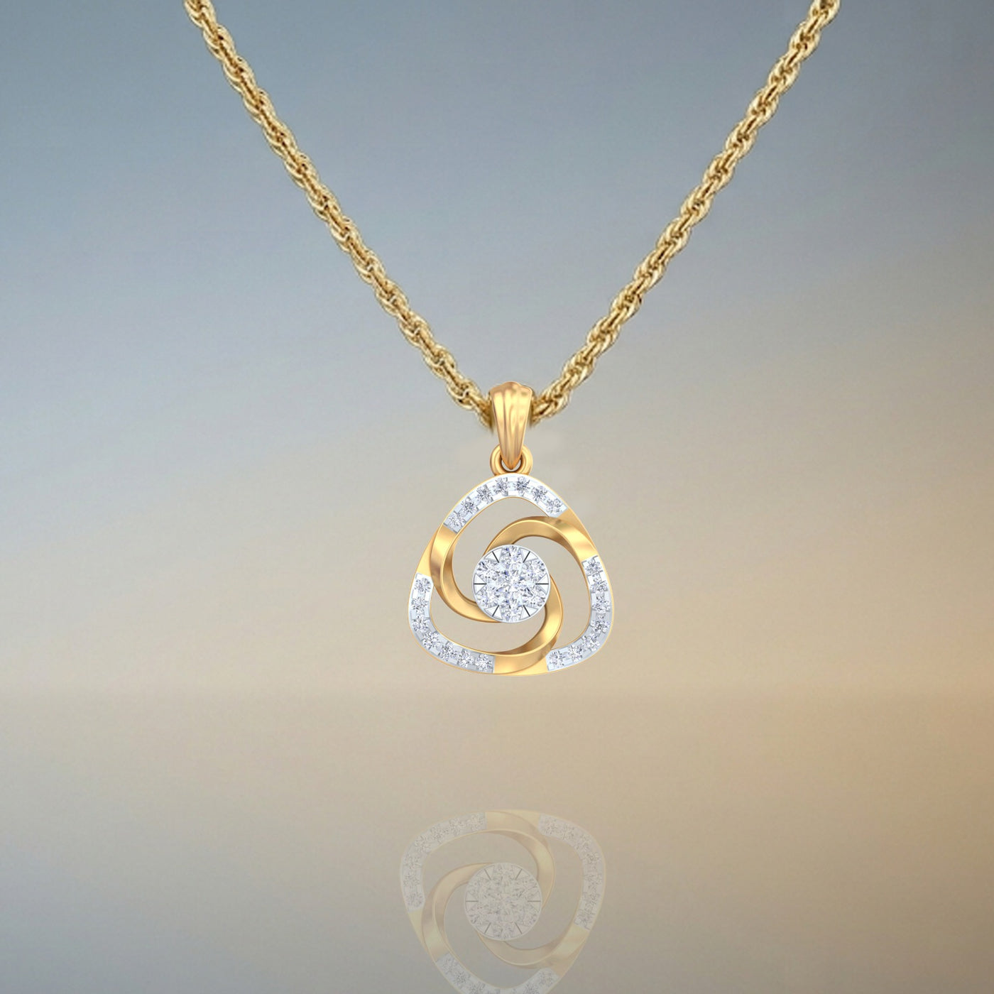 Gold and diamond pendant on a chain against a gradient background