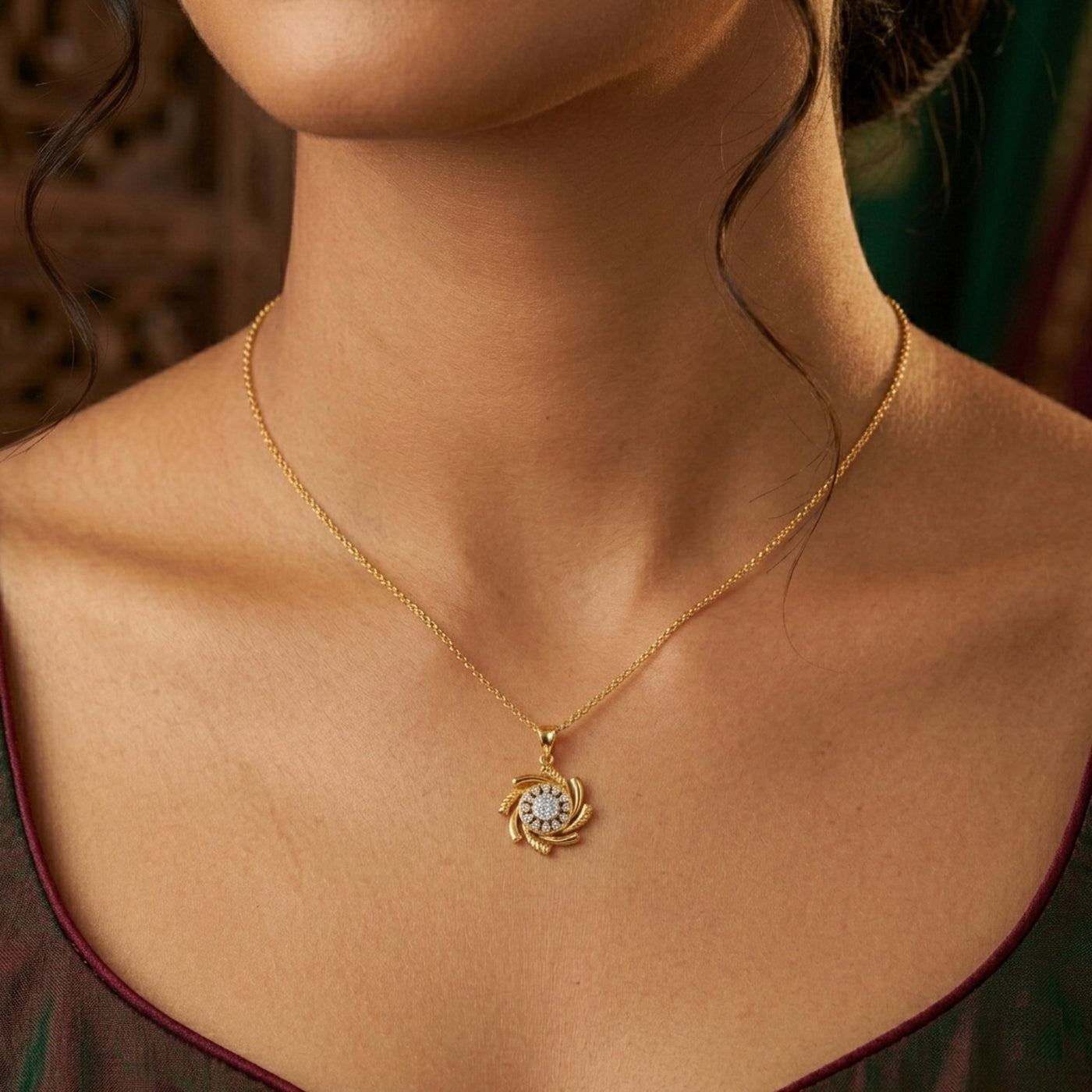 Elegant Gold & Diamond Floral Pendant Set KRC40668
