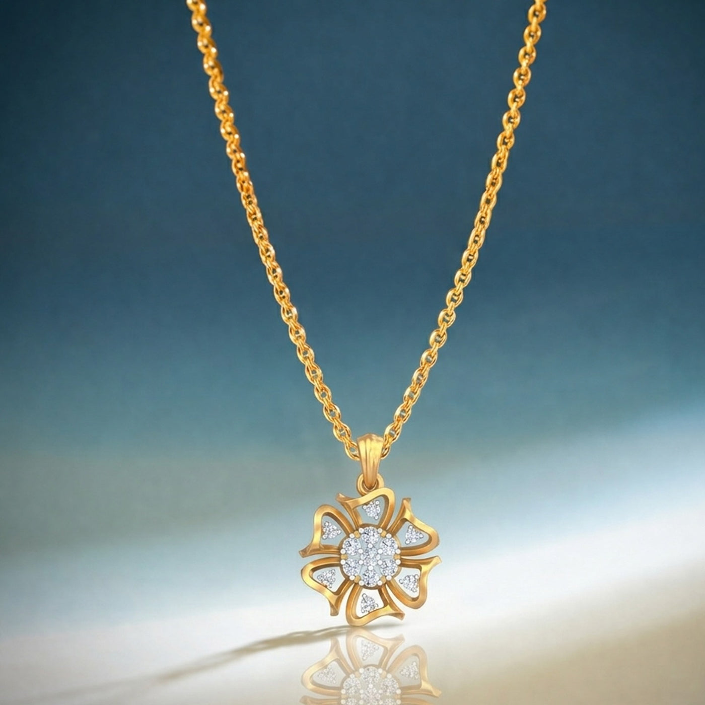 Gold necklace with a floral pendant on a gradient blue and beige background
