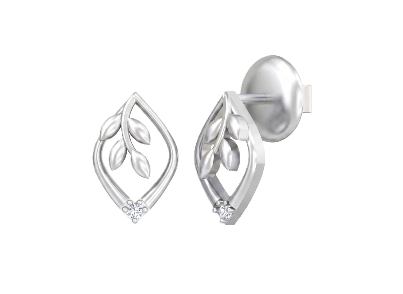 White gold and diamond stud earrings with leaf design on a white background