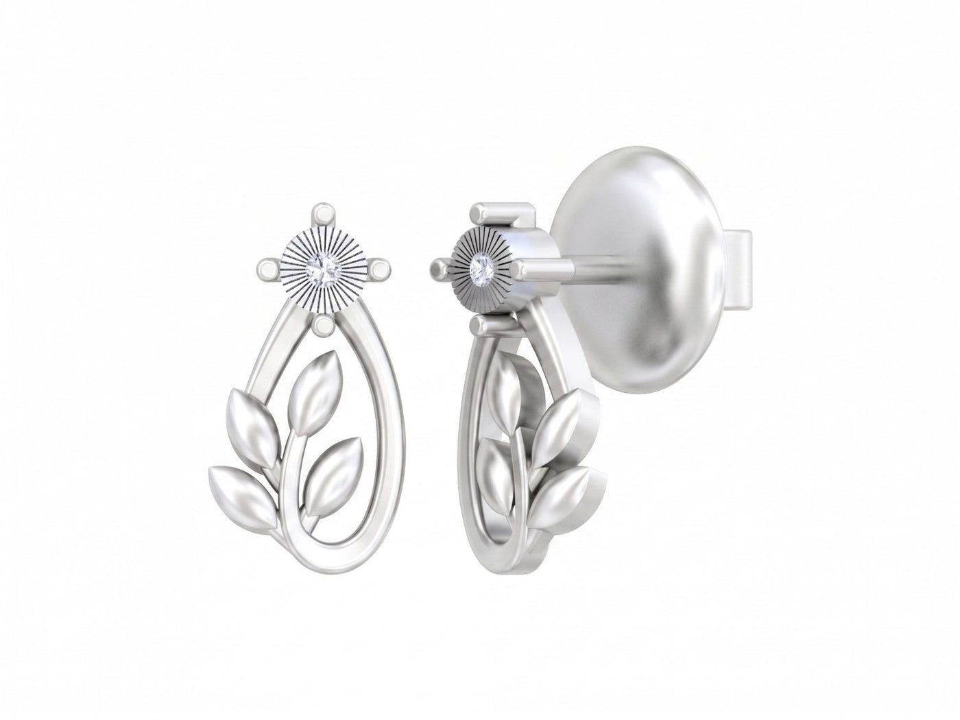White Gold and diamond dailywear stud earrings with leaf design on a white background.