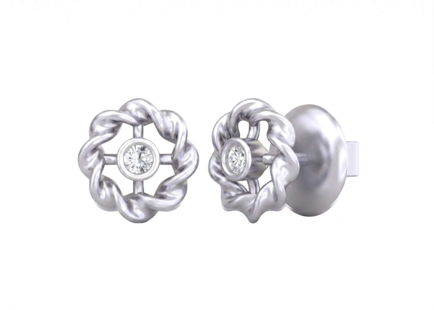 White gold and diamond floral earrings on a white background