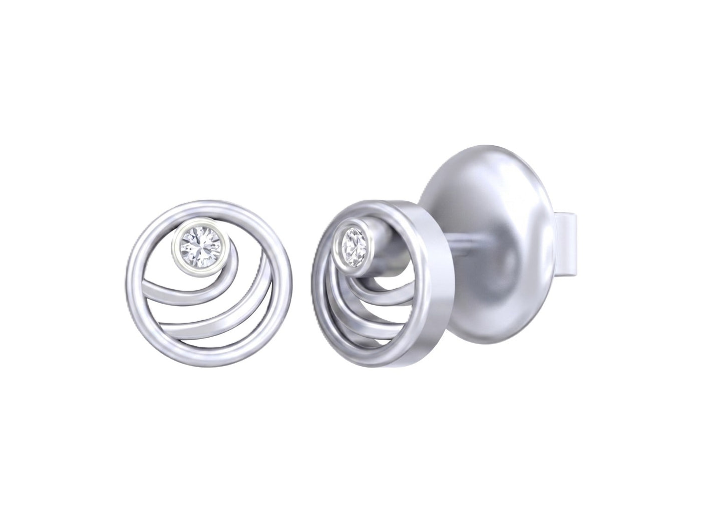 White Rose Gold and diamond round-shaped stud earrings on a white background
