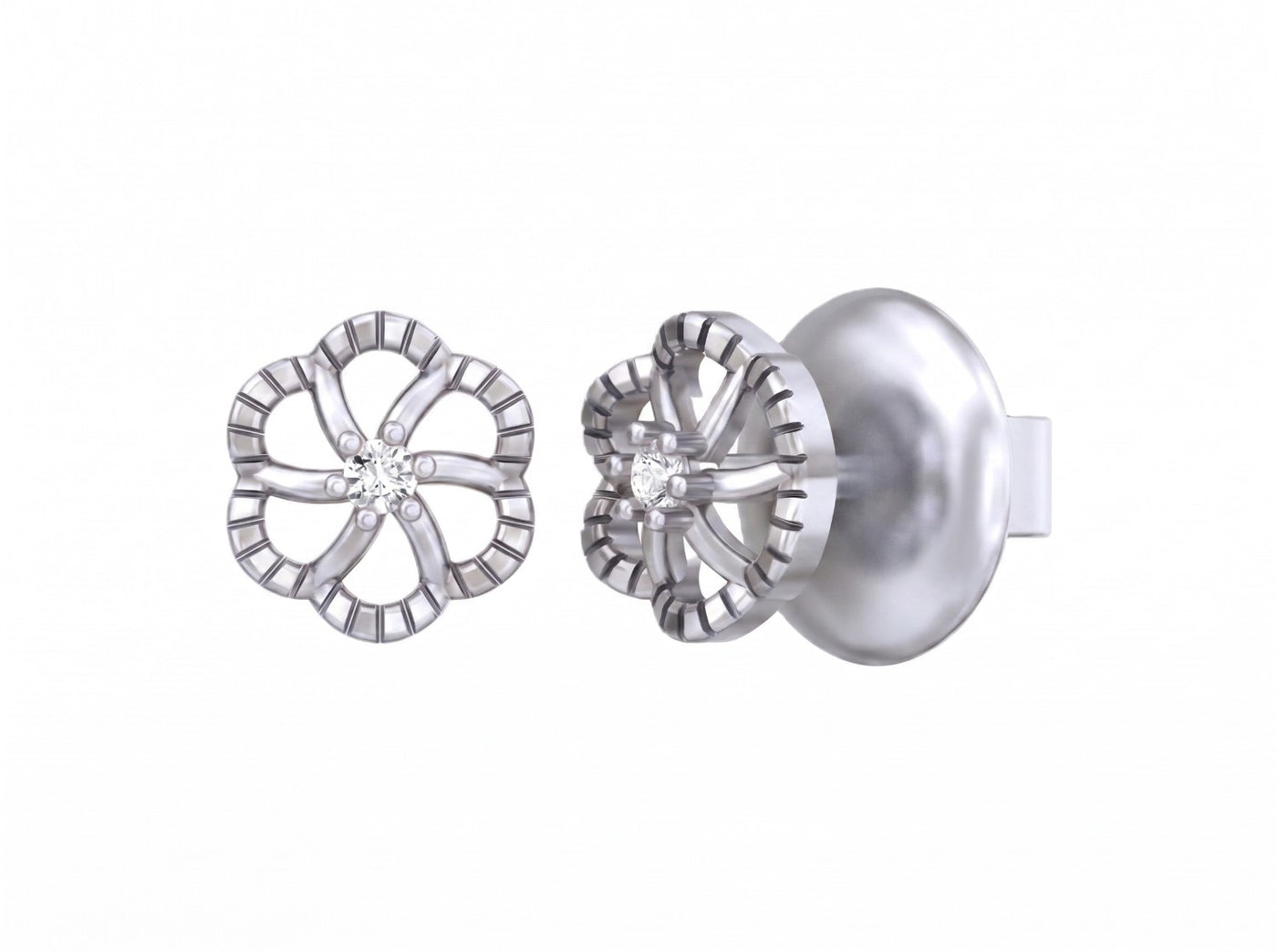 White Gold and diamond stud floral earrings on a white background