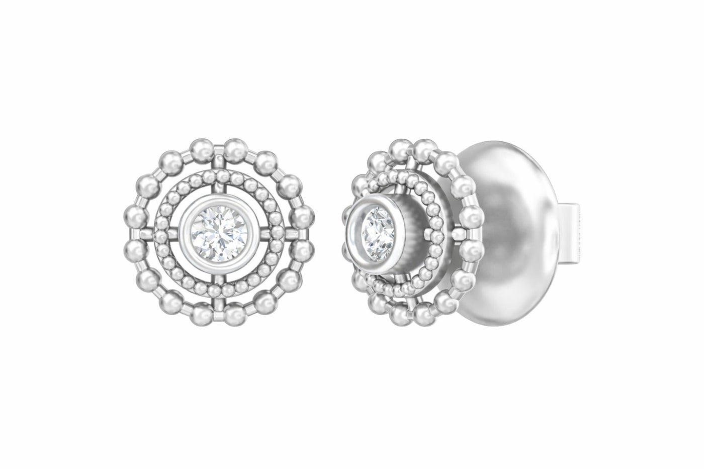 White gold and diamond round-shaped earrings on a white background