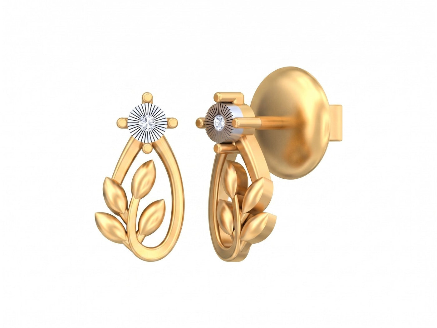 Yellow Gold and diamond dailywear stud earrings with leaf design on a white background.