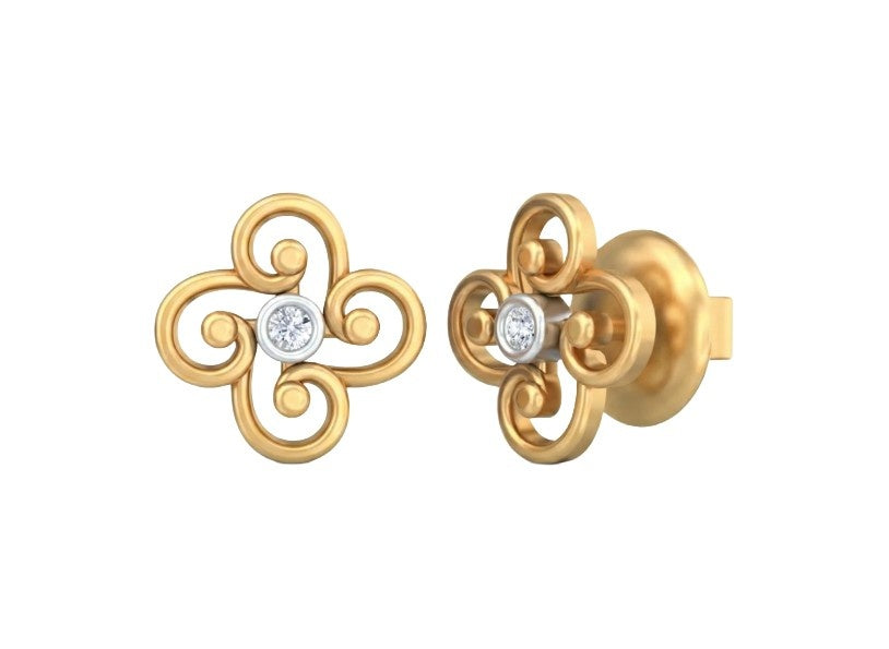Yellow gold and diamond floral stud earring on a white background