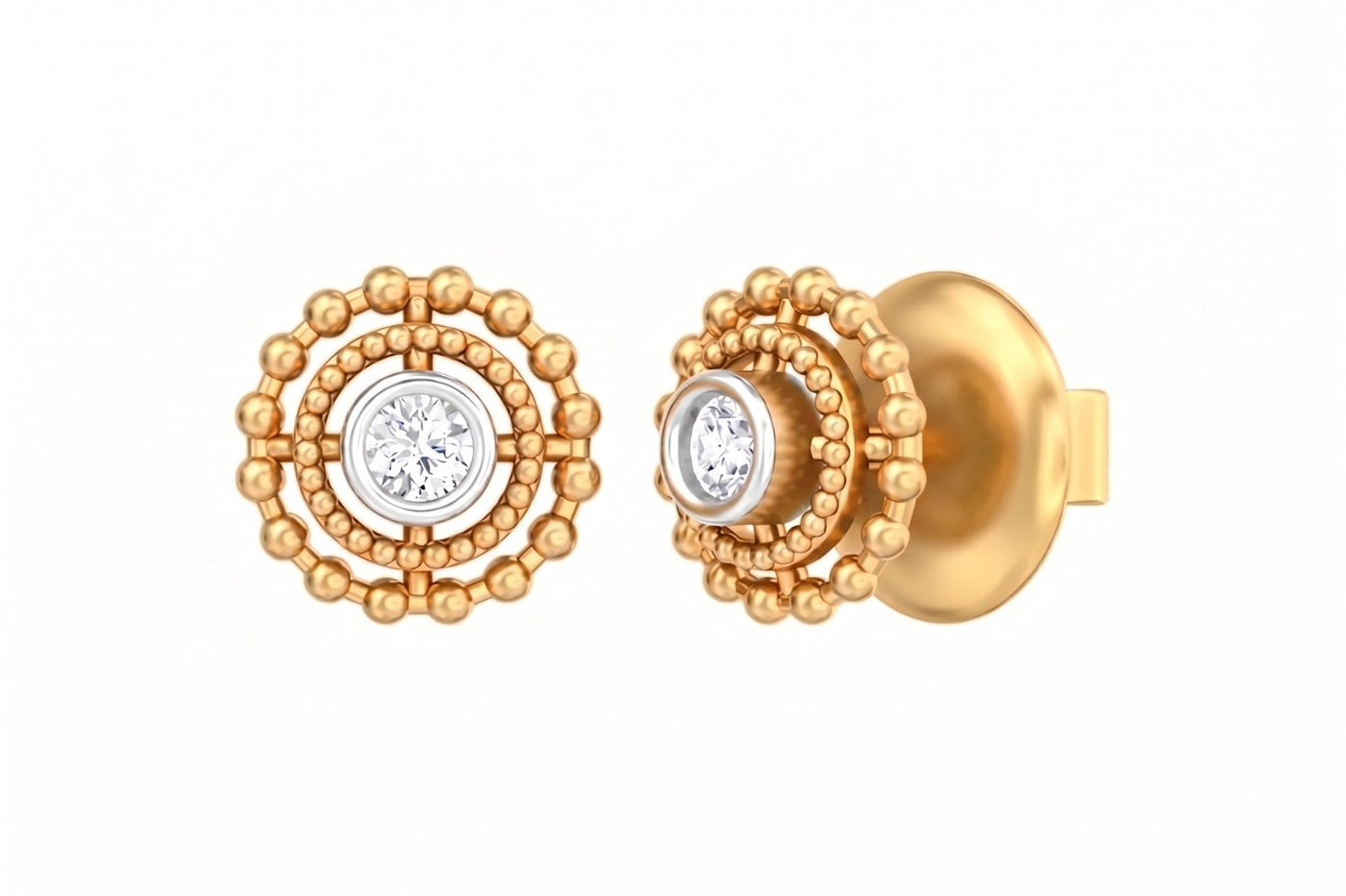 Yellow gold and diamond round-shaped earrings on a white background