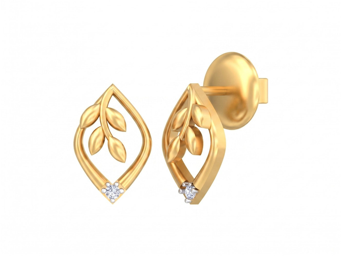 Yellow gold and diamond stud earrings with leaf design on a white background