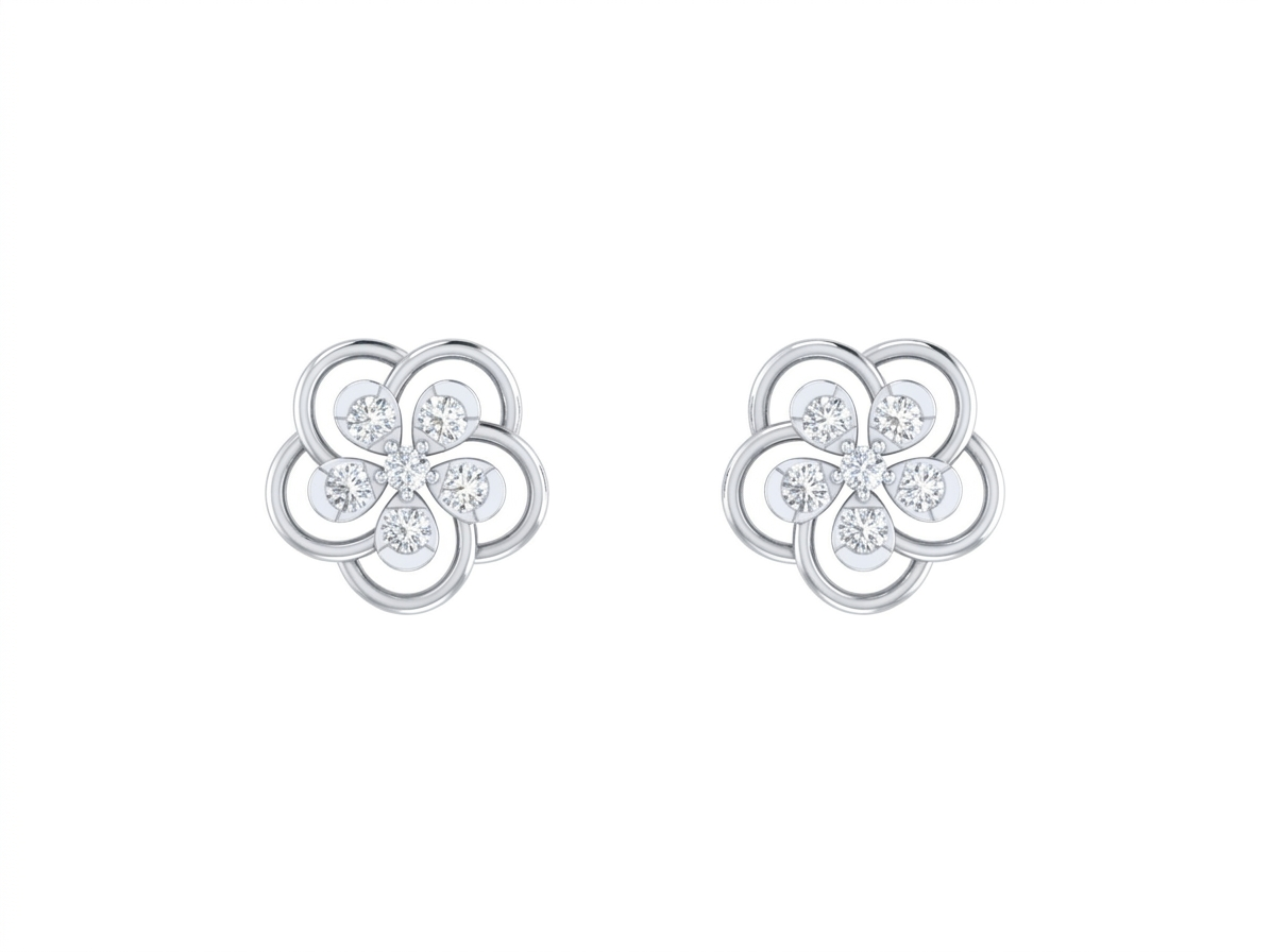 White gold and diamond floral earrings on a white background.