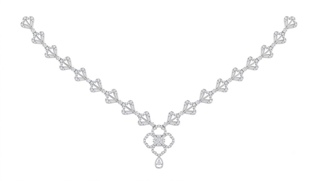 A white gold necklace with a geometric diamond pattern and a central floral motif, displayed on a solid white background.
