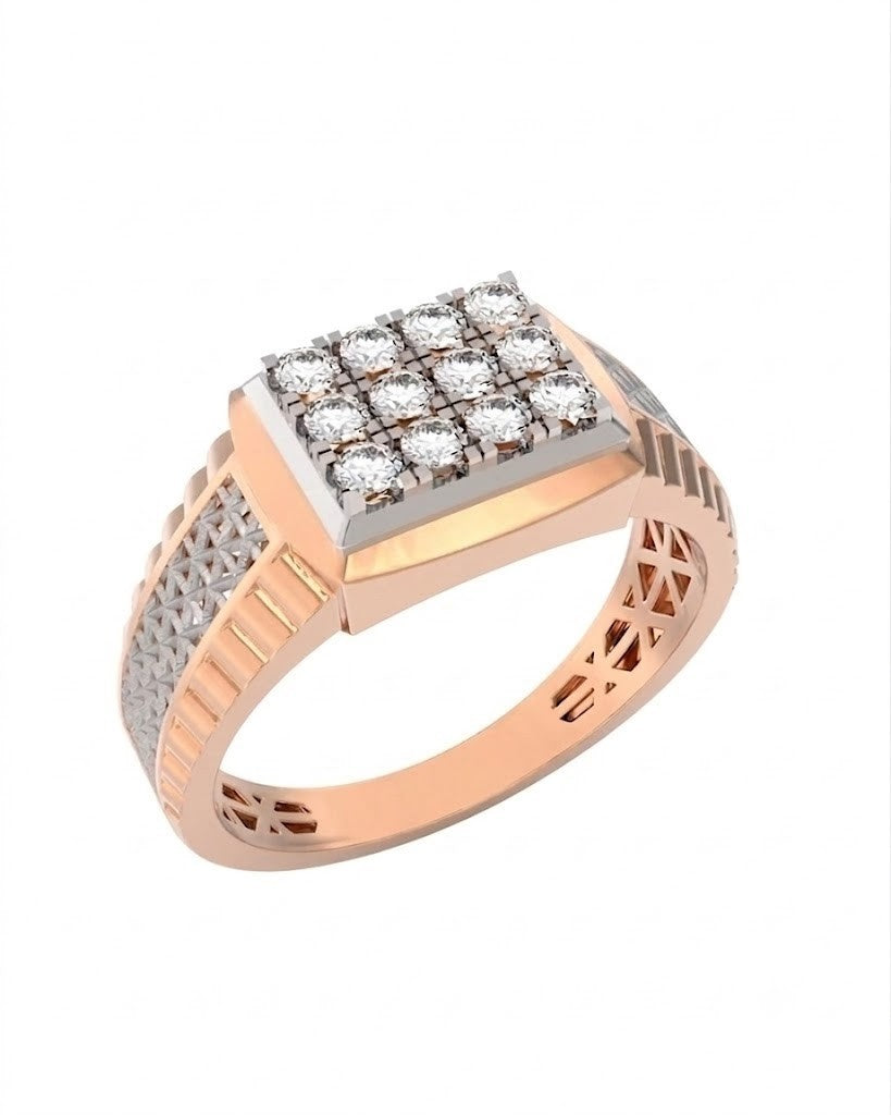 Rose gold and diamond mens ring on a white background.