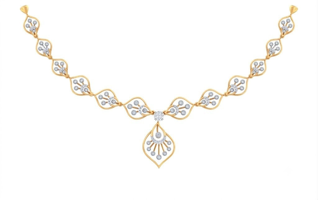 Yellow gold and diamond necklace with a central teardrop pendant, displayed on a solid white background.