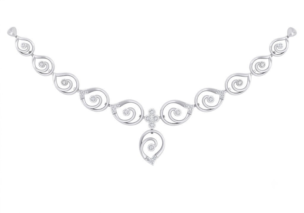 White gold and diamond necklace with diamond-accented swirl links and a geometric drop.