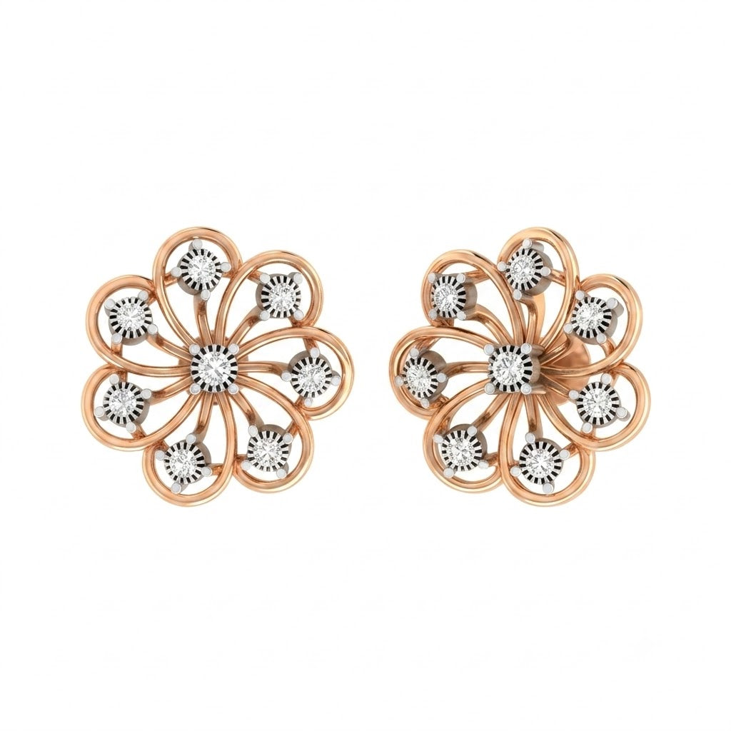 Pair of rose gold floral earrings on a white background