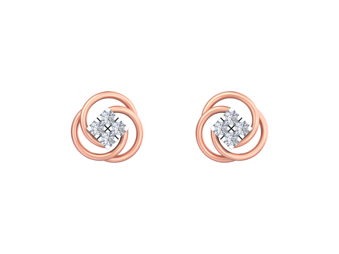 Rose gold and diamond floral stud earrings on a white background.