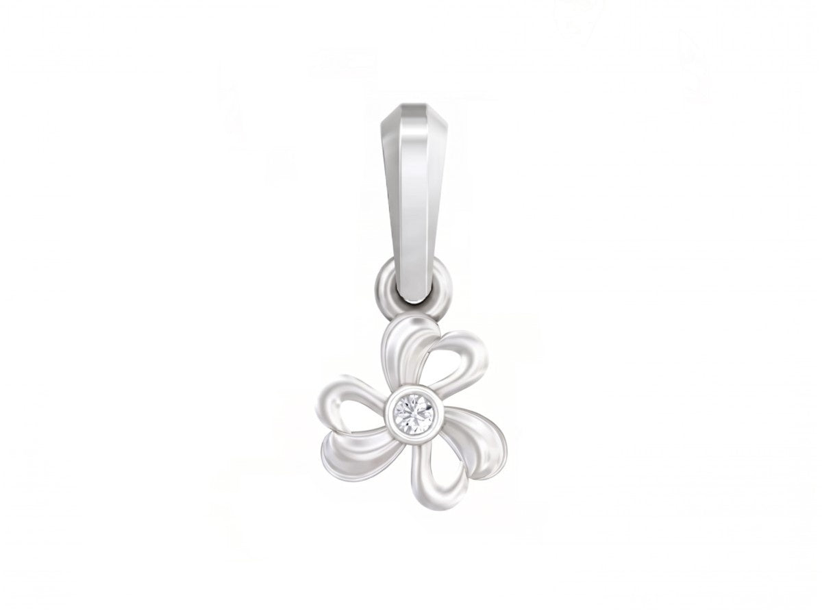 White gold flower-shaped pendant with a central gemstone on a white background
