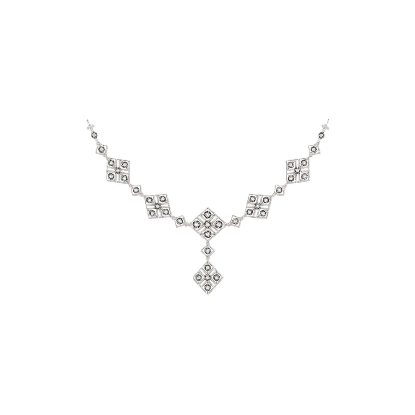 A white gold and diamond necklace featuring repeating diamond-shaped motifs, shown on a plain white background.