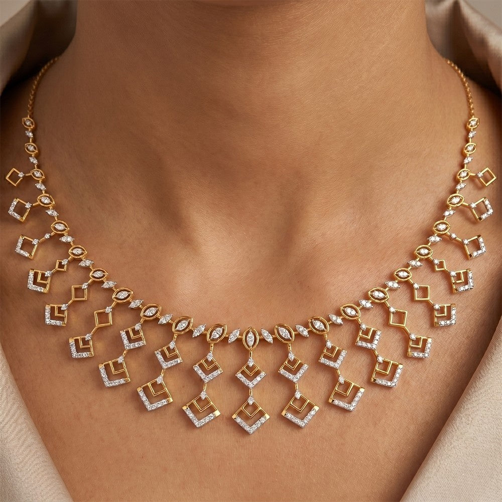 Gold and diamond necklace on a person's neck.